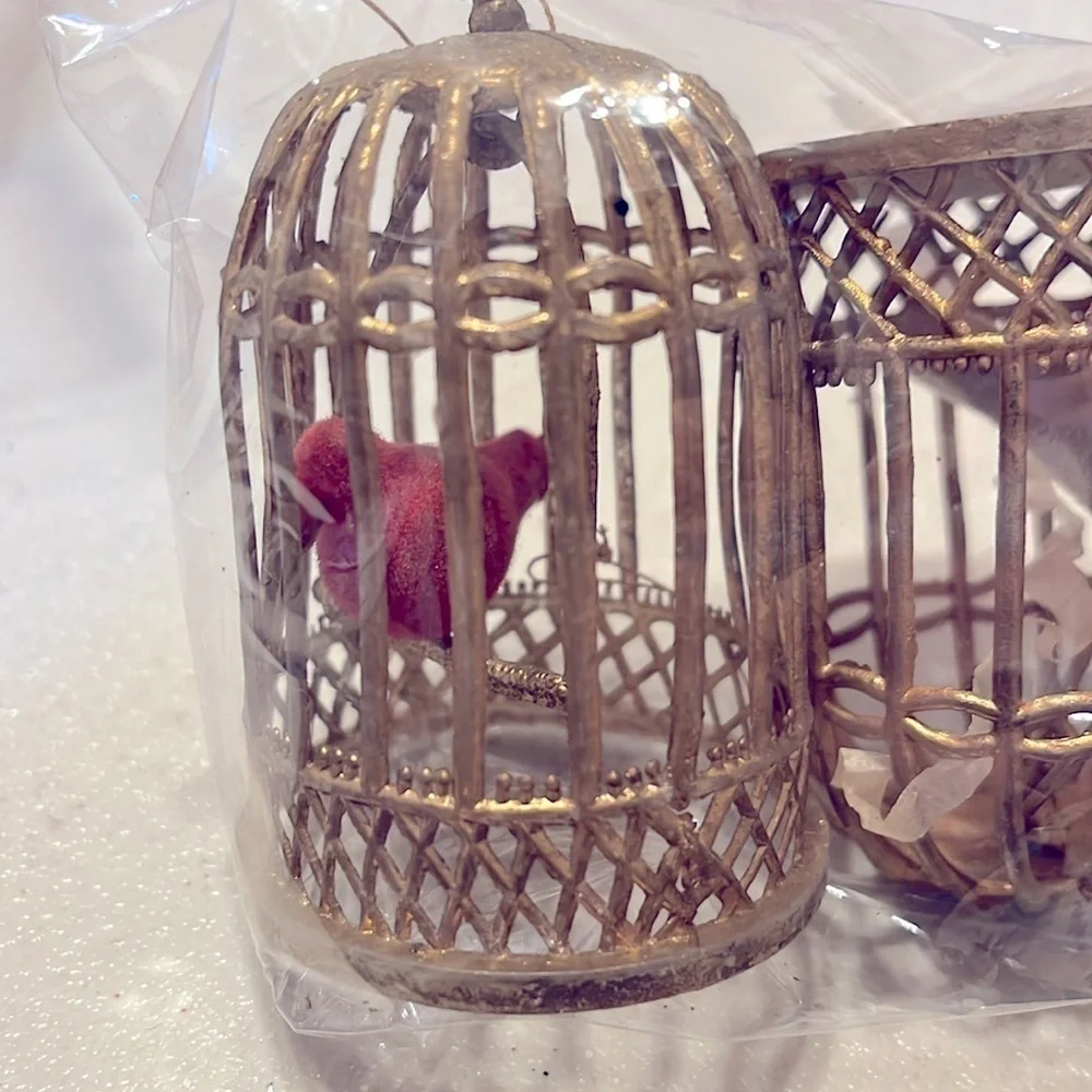 Double Glo MCM Flocked Dove Bird in gold Cage Ornaments VTG Set of 3